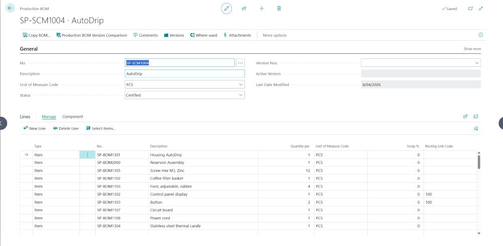 INFOC Production BOM in Business Central INFOC production bill of materials screen in Microsoft Dynamics 365 Business Central showing components and quantities