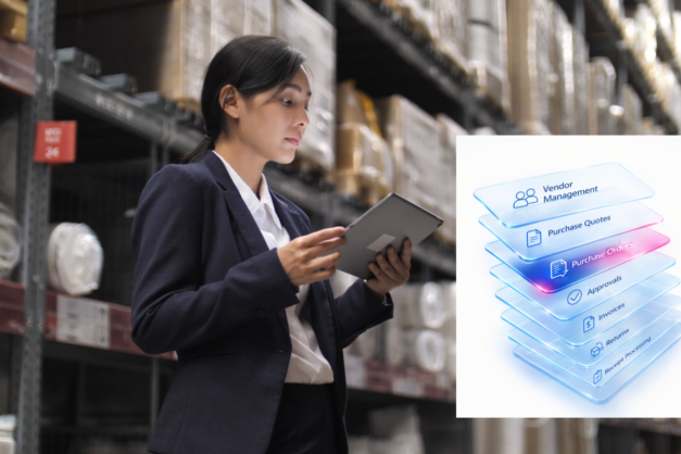 A modern Business Central purchasing workspace showing vendor records, purchase orders, purchase invoices, vendor ledger entries, and payment processing in a clean ERP interface.