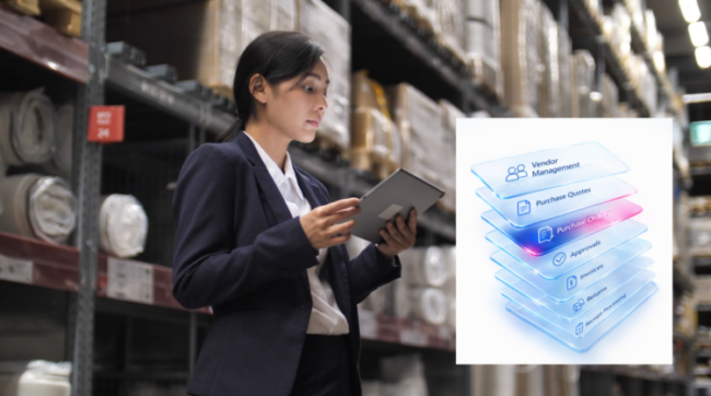 A modern Business Central purchasing workspace showing vendor records, purchase orders, purchase invoices, vendor ledger entries, and payment processing in a clean ERP interface.