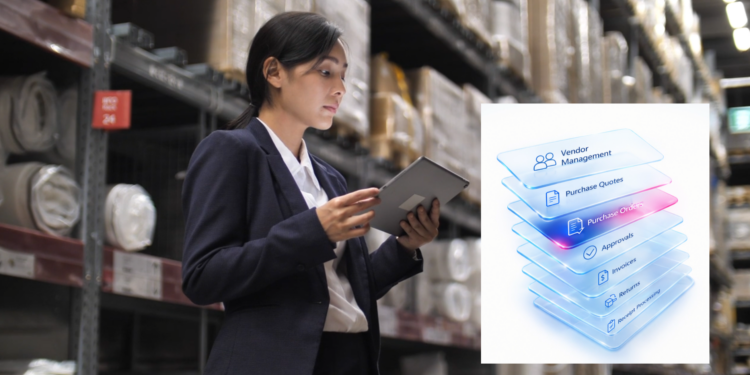 A modern Business Central purchasing workspace showing vendor records, purchase orders, purchase invoices, vendor ledger entries, and payment processing in a clean ERP interface.