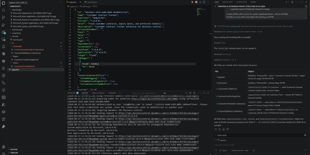 Business Central AL extension project in VS Code showing table extension, page extension and event subscriber codeunit patterns