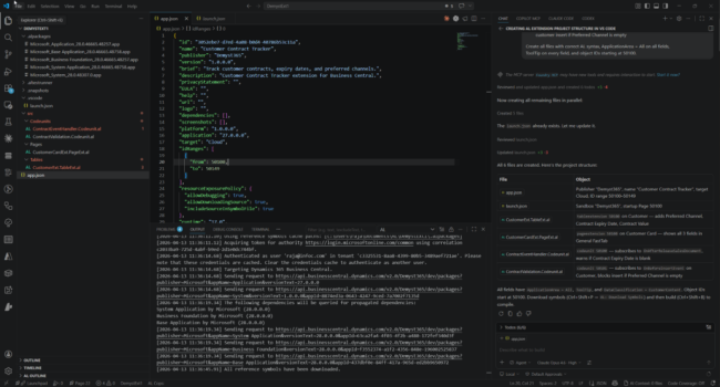 Business Central AL extension project in VS Code showing table extension, page extension and event subscriber codeunit patterns