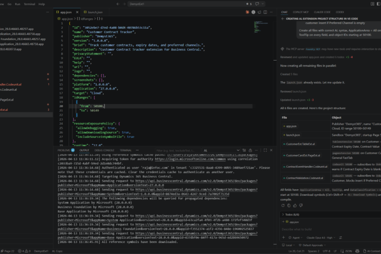 business-central-custom-extensions-al-patterns-events Business Central AL extension project in VS Code showing table extension, page extension and event subscriber codeunit patterns