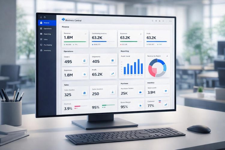 Microsoft Dynamics 365 Business Central overview dashboard showing finance operations reporting sales and inventory