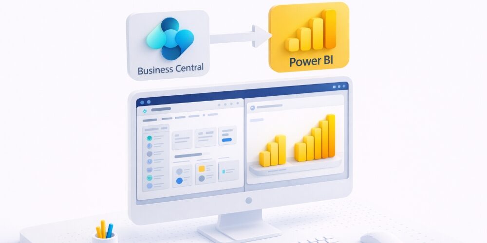 Power BI and Business Central integration architecture diagram showing OData connector between the two systems