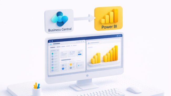 Power BI and Business Central integration architecture diagram showing OData connector between the two systems