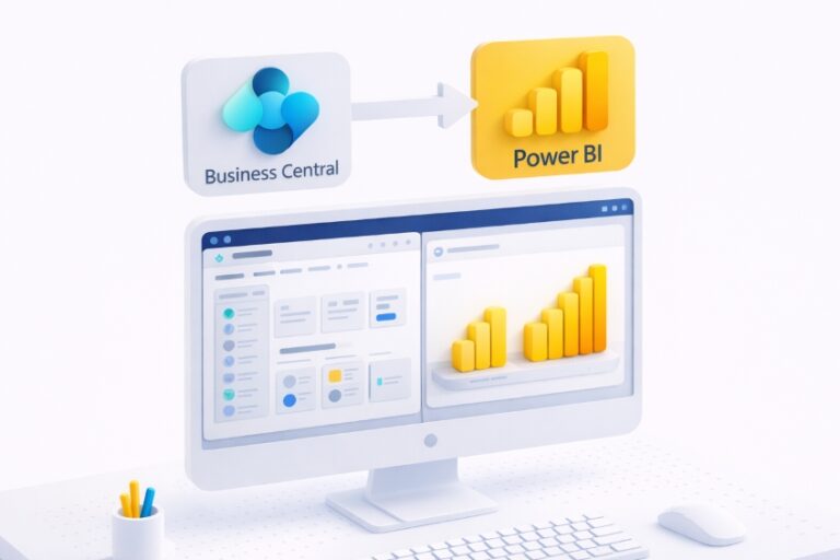 Power BI and Business Central integration architecture diagram showing OData connector between the two systems